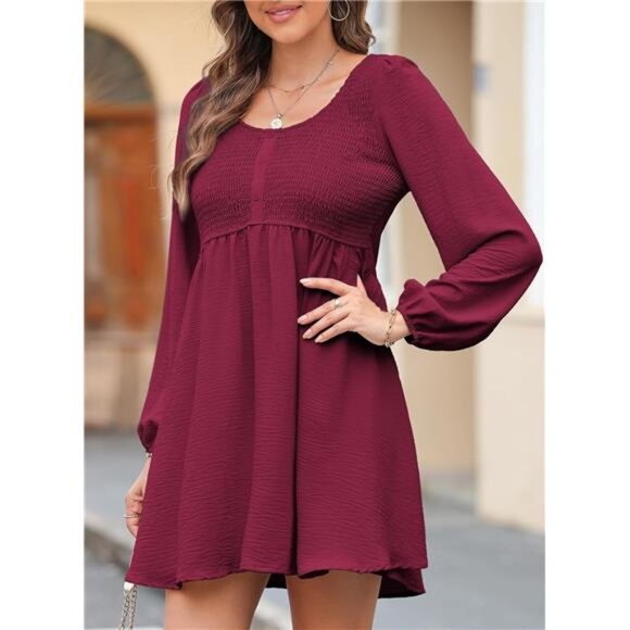 Womens 2025 Casual Dress Smocked Crewneck Button Up Long Sleeve Empire Rose - Picture 5 of 5